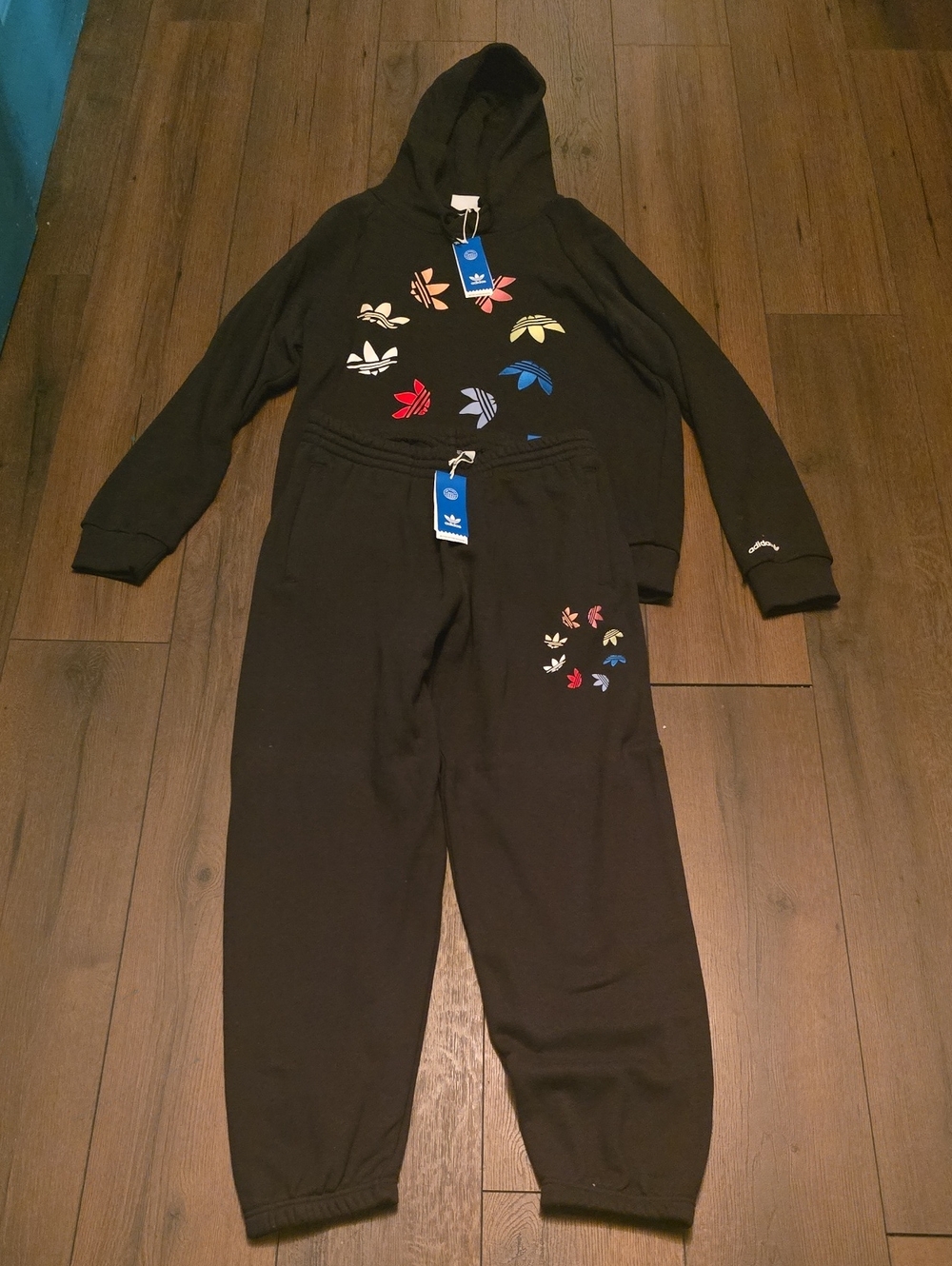 adidas Black Hoodie and Joggers Set with Multicolor Trefoil Accents